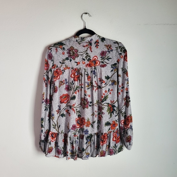 Maeve Button Down Blouse Womens 0 Gray Black Red Floral Peplum Hem Boho Business - Picture 2 of 13